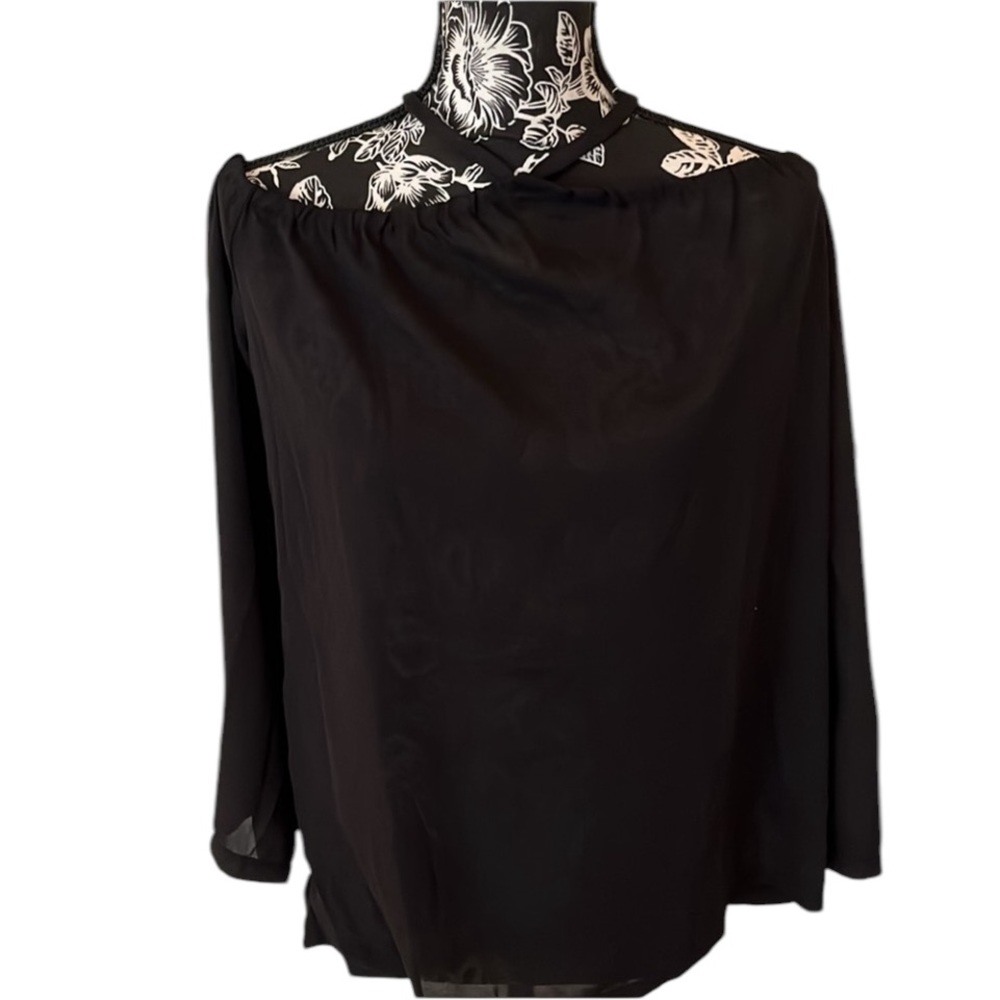 Black XL off shoulder semi sheer top long sleeve straps at neck 3/4 sleeve